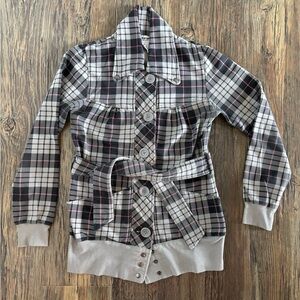 Vtg Self Esteem Collared Belted Jacket Womens Juniors Sz M Gray Black Pink Plaid